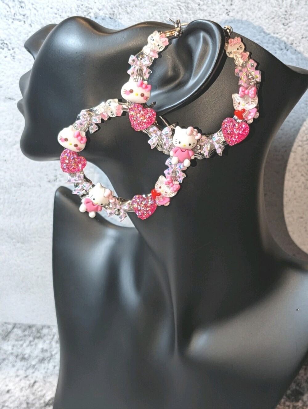 Hand Crafted Pink Hello Kitty Crystal Heart Hoop Earrings